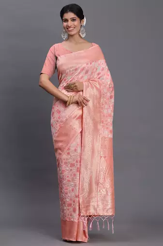 Peach linen cotton saree with silver zari weave and tassels