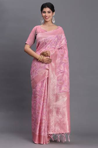Light pink linen cotton saree with silver zari weave and tassels