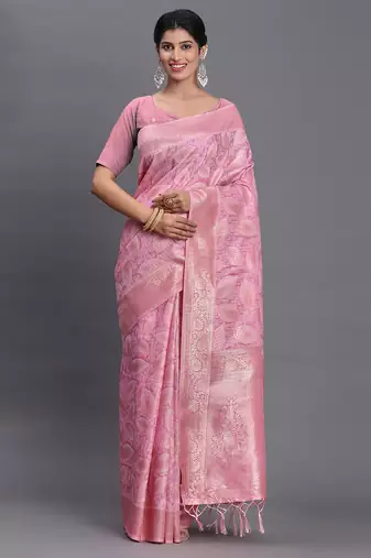 Light pink linen cotton saree with silver zari weave and tassels