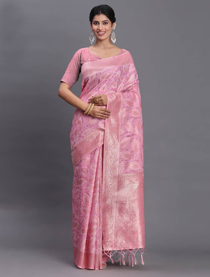 Light pink linen cotton saree with silver zari weave and tassels