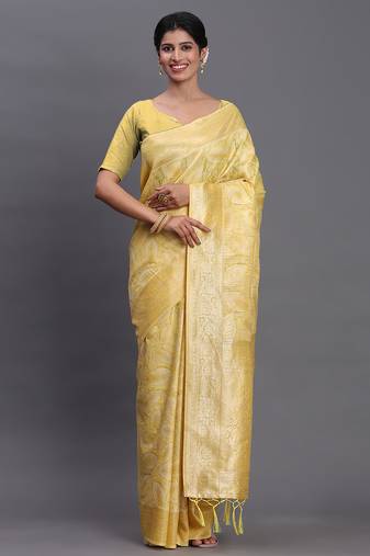 Yellow linen cotton saree with silver zari weave and tassels