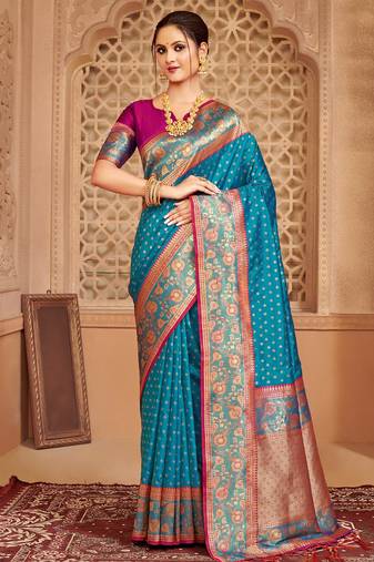 blue pure kanjivaram silk blend saree 