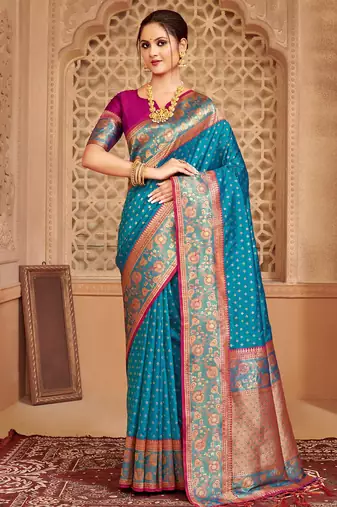blue pure kanjivaram silk blend saree 