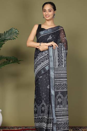 Black printed cotton ready-to-wear saree with pocket and inner lining 