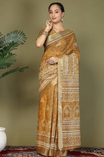 Golden printed cotton ready-to-wear saree with pocket and inner lining 