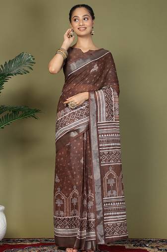 Brown printed cotton ready-to-wear saree with pocket and inner lining 