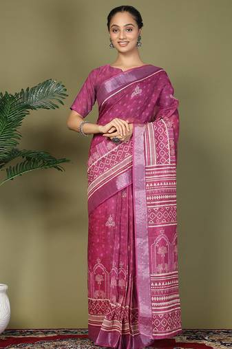 Purple printed cotton ready-to-wear saree with pocket and inner lining 