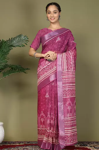 Purple printed cotton ready-to-wear saree with pocket and inner lining 