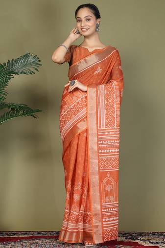 Orange printed cotton ready-to-wear saree with pocket and inner lining 