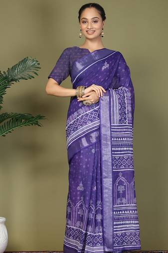 Violet printed cotton ready-to-wear saree with pocket and inner lining 