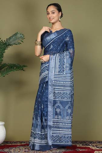 Blue printed cotton ready-to-wear saree with pocket and inner lining 