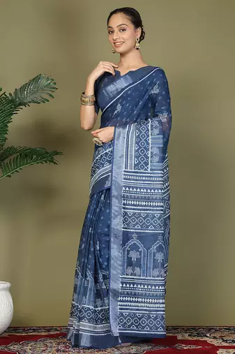 Blue printed cotton ready-to-wear saree with pocket and inner lining 