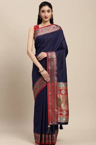 navy blue party wear saree with rich pallu and contrast zari border
