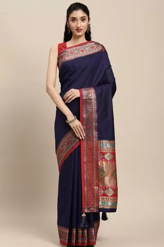 navy blue party wear saree with rich pallu and contrast zari border