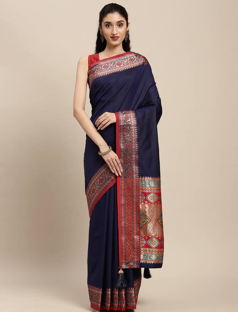navy blue party wear saree with rich pallu and contrast zari border