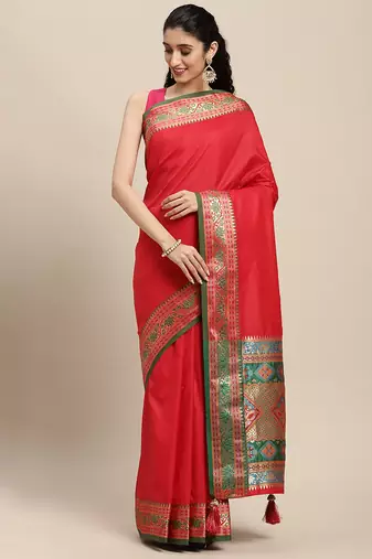 red party wear saree with rich pallu and contrast zari border