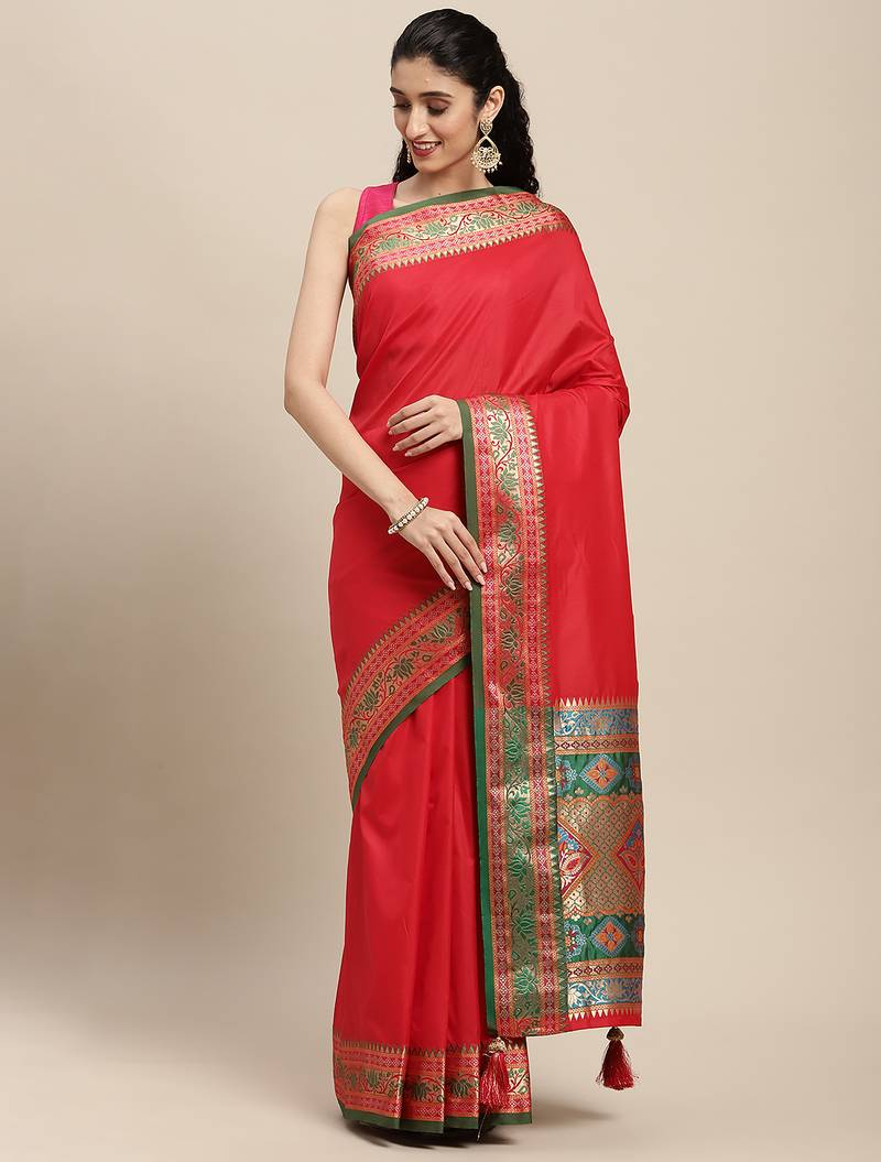 red party wear saree with rich pallu and contrast zari border
