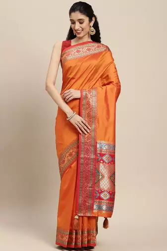 orange party wear saree with rich pallu and contrast zari border