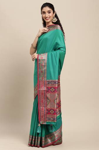 sea green party wear saree with rich pallu and contrast zari border
