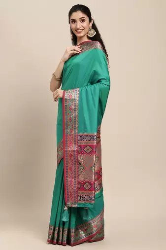 sea green party wear saree with rich pallu and contrast zari border
