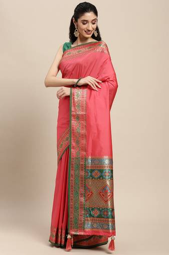 light pink party wear saree with rich pallu and contrast zari border