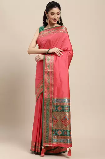 light pink party wear saree with rich pallu and contrast zari border