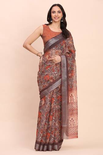 Brown cotton saree with tribal floral print 