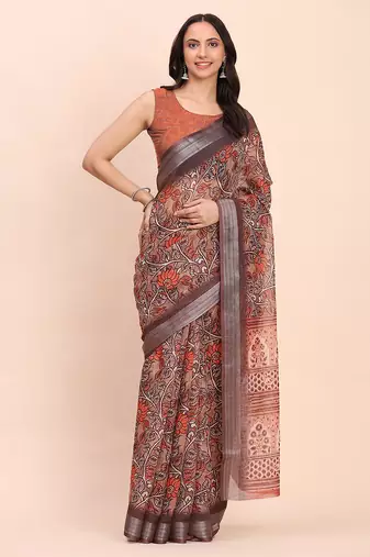 Brown cotton saree with tribal floral print 