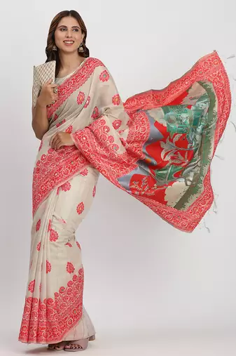 ethnic motif woven linen cotton saree with zari border