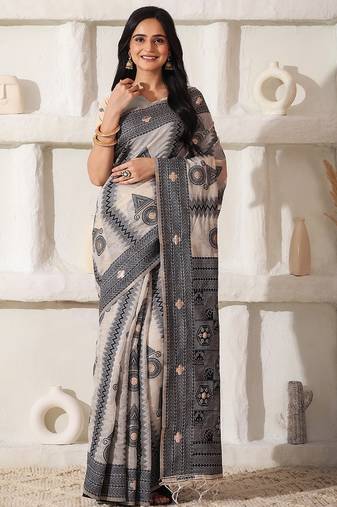 ethnic motif woven linen cotton saree with zari border
