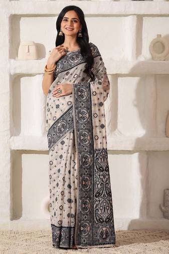 ethnic motif woven linen cotton saree with zari border