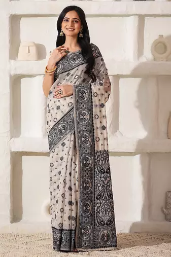 ethnic motif woven linen cotton saree with zari border