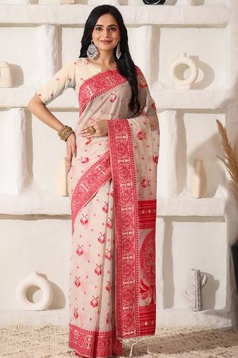 Elegant woven linen cotton saree for durga puja & diwali | ethnic motif design with rich zari border sari