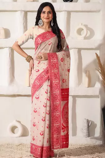 Elegant woven linen cotton saree for durga puja & diwali | ethnic motif design with rich zari border sari