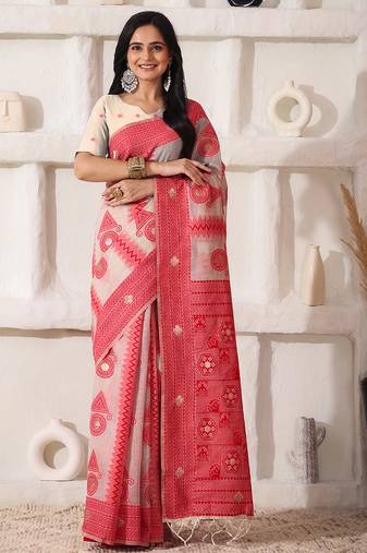 ethnic motif woven linen cotton saree with zari border