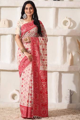 ethnic motif woven linen cotton saree with zari border