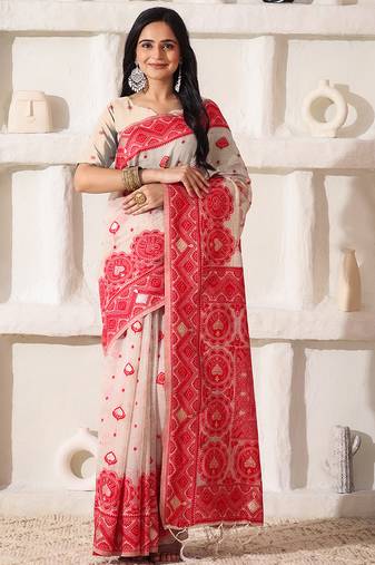 ethnic motif woven linen cotton saree with zari border