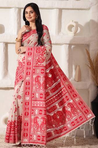 ethnic motif woven linen cotton saree with zari border