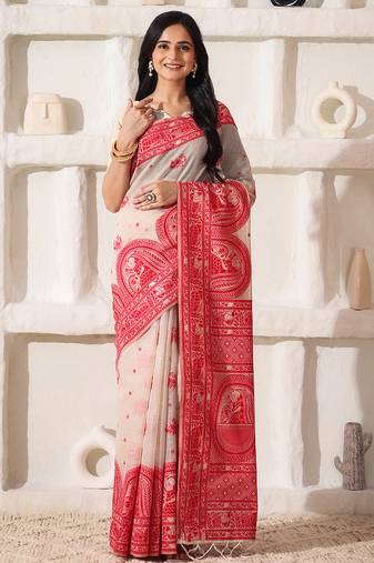 ethnic motif woven linen cotton saree with zari border