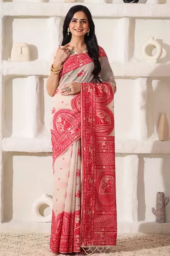 ethnic motif woven linen cotton saree with zari border