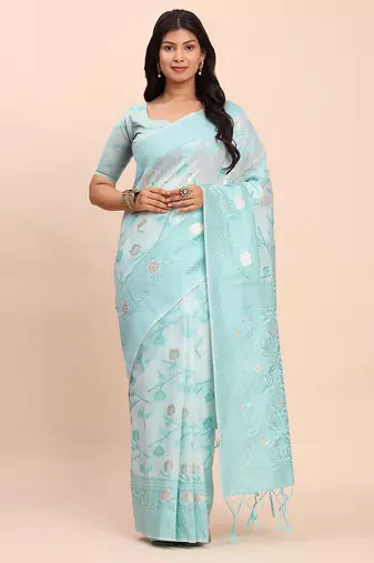 Beige & sky blue banarasi cotton saree with floral zari work and traditional pallu elegant ethnic wear for festivals
