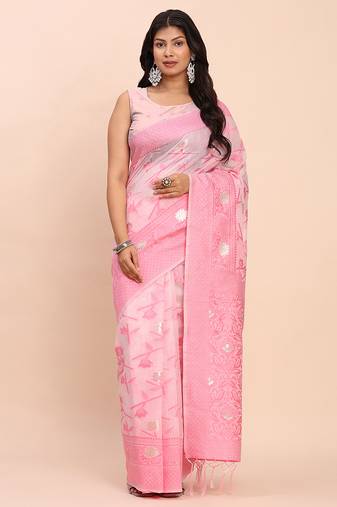 Beige pink banarasi cotton saree with floral zari work
