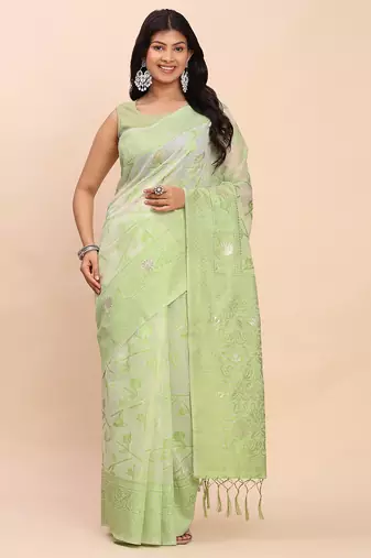 Beige light green banarasi cotton saree with floral zari work