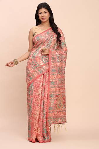 Elegant cream jacquard linen cotton saree with traditional multicolor weave tassel pallu festive casual wear