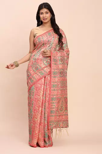 Elegant cream jacquard linen cotton saree with traditional multicolor weave tassel pallu festive casual wear