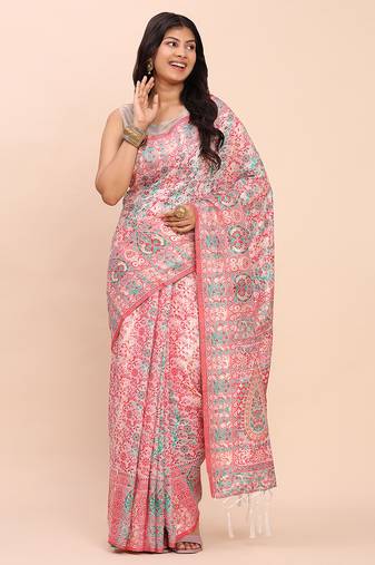 white jacquard linen cotton saree with multicolor weave tassel pallu