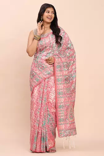 white jacquard linen cotton saree with multicolor weave tassel pallu