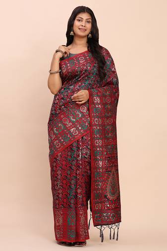 pink jacquard linen cotton saree with multicolor weave tassel pallu