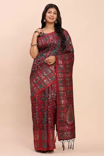 pink jacquard linen cotton saree with multicolor weave tassel pallu