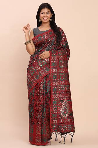 red jacquard linen cotton saree with multicolor weave tassel pallu